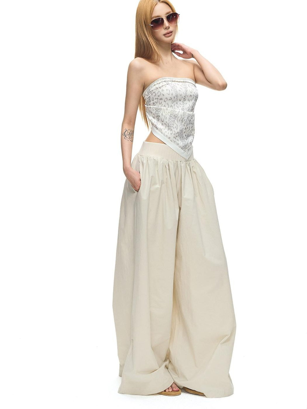 Fanptntox White Leopard Satin Scarf Triangle One Shoulder Slim Crop Women's Tube Tops