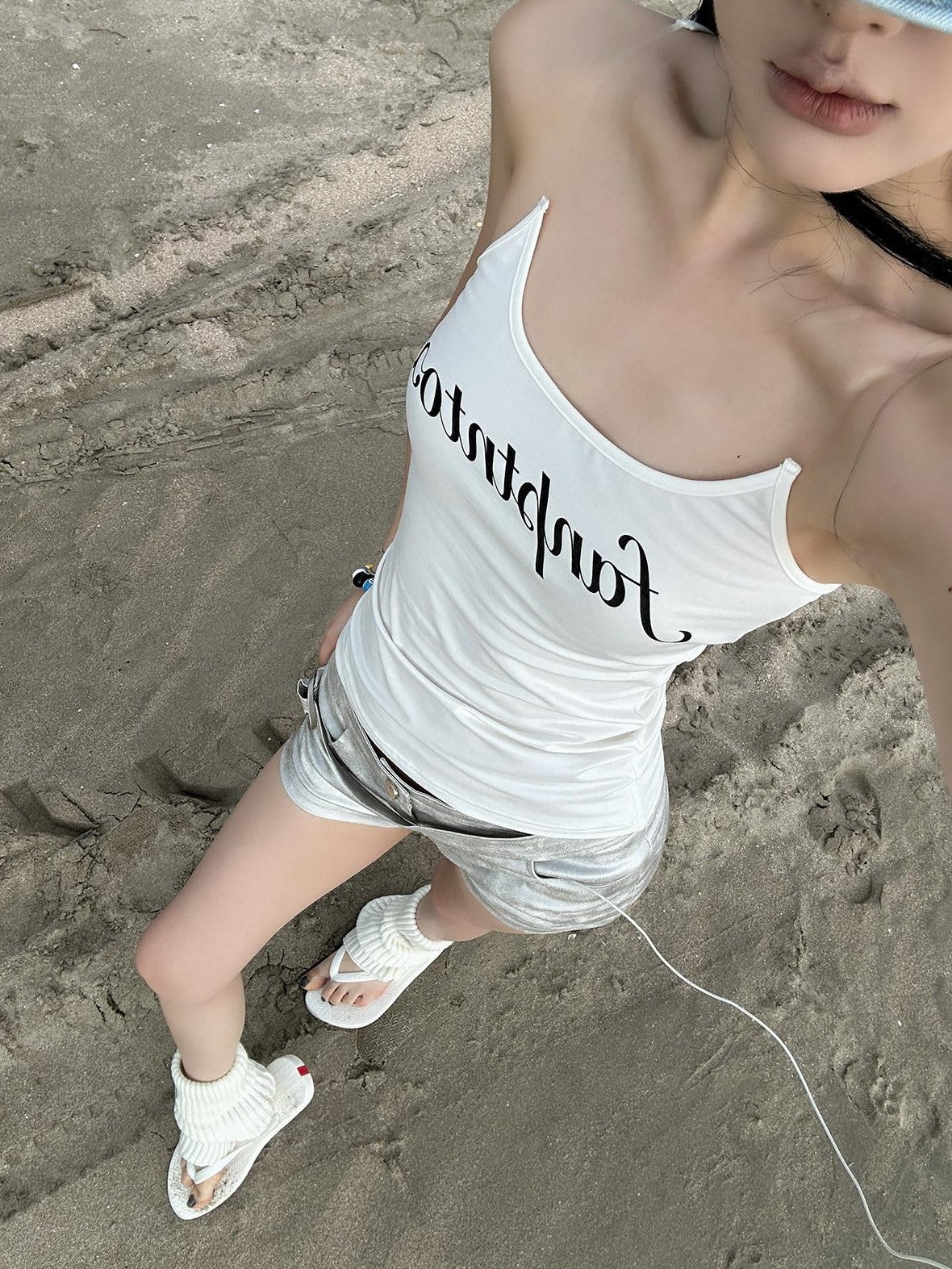 Fanptntox White Letter Print Spaghetti Strap Slimming Street Women's Camisoles