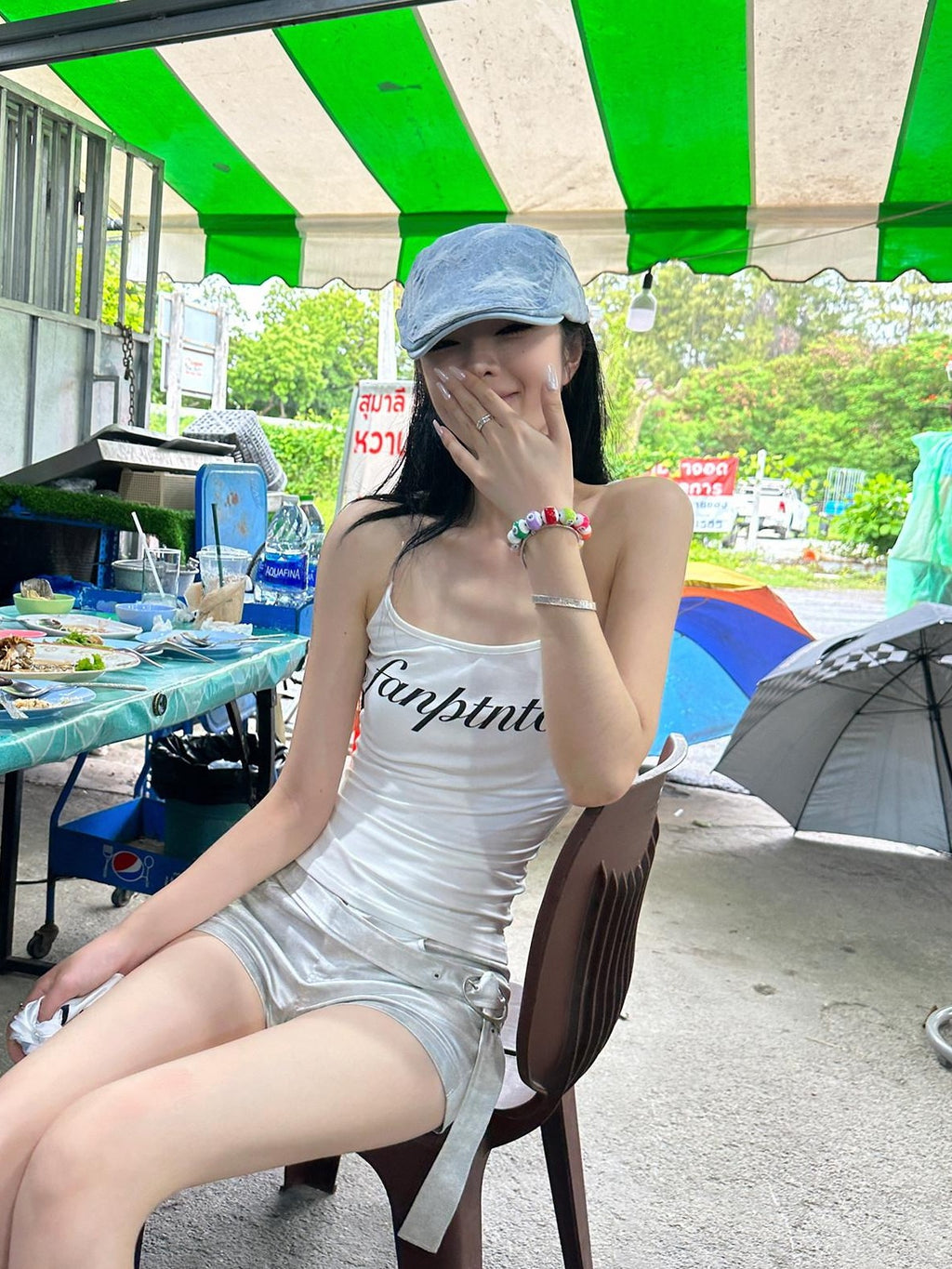 Fanptntox White Letter Print Spaghetti Strap Slimming Street Women's Camisoles
