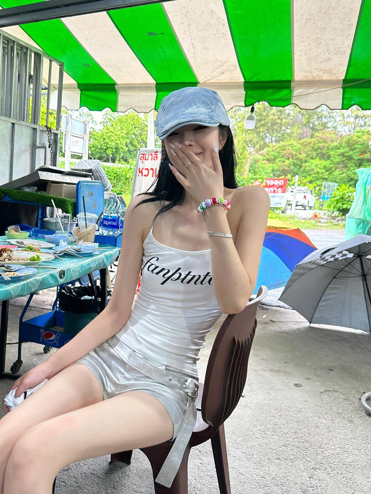 Fanptntox White Letter Print Spaghetti Strap Slimming Street Women's Camisoles
