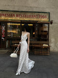 Fanptntox White Polka Dot V-neck Tie Spaghetti Strap High Waist Women's Slip Maxi Dresses