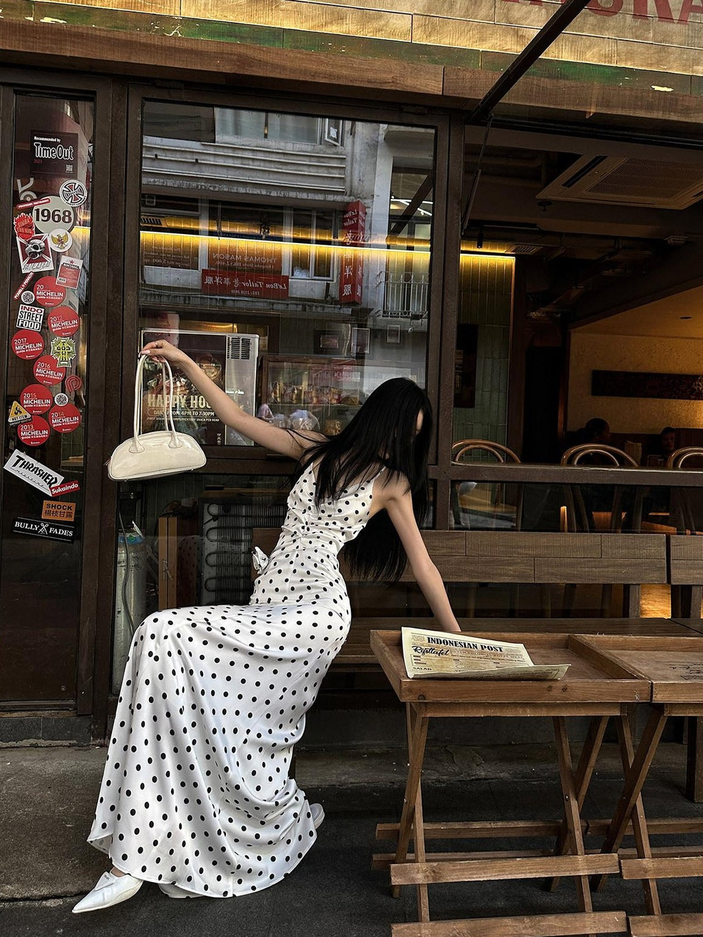 Fanptntox White Polka Dot V-neck Tie Spaghetti Strap High Waist Women's Slip Maxi Dresses