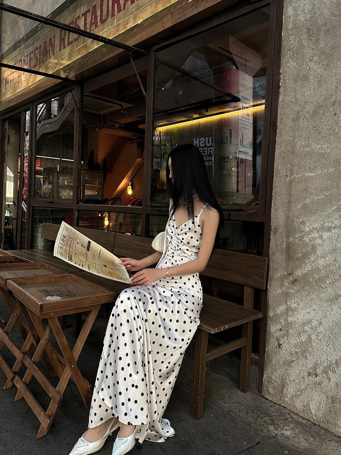 Fanptntox White Polka Dot V-neck Tie Spaghetti Strap High Waist Women's Slip Maxi Dresses
