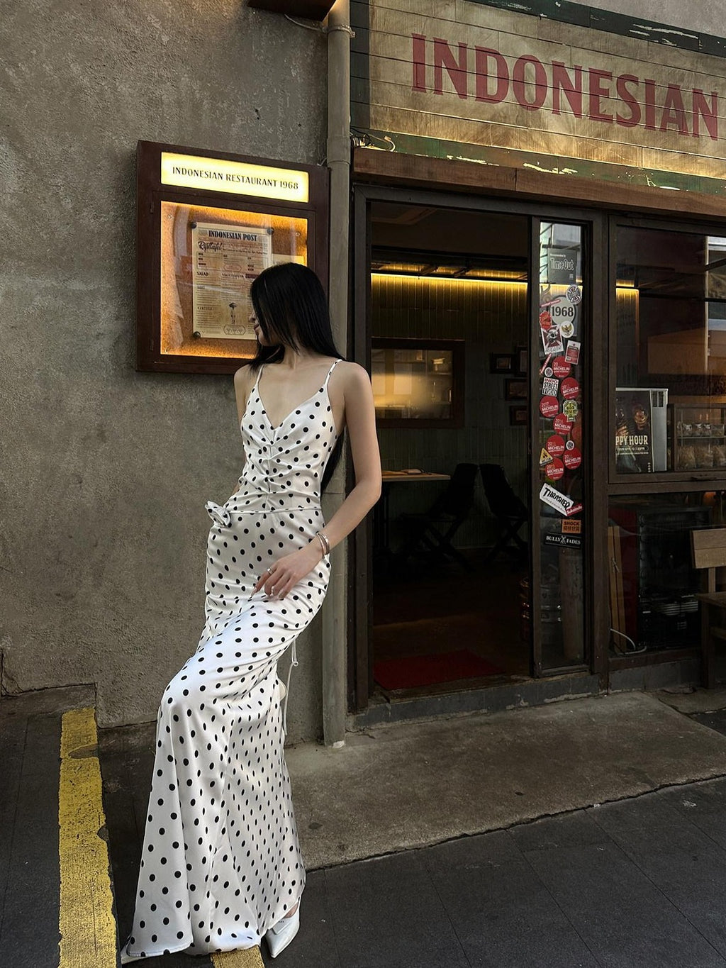Fanptntox White Polka Dot V-neck Tie Spaghetti Strap High Waist Women's Slip Maxi Dresses