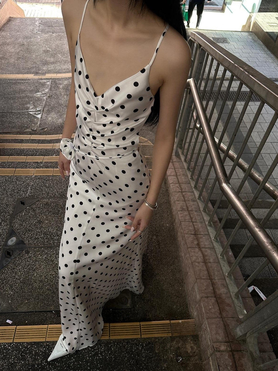 Fanptntox White Polka Dot V-neck Tie Spaghetti Strap High Waist Women's Slip Maxi Dresses
