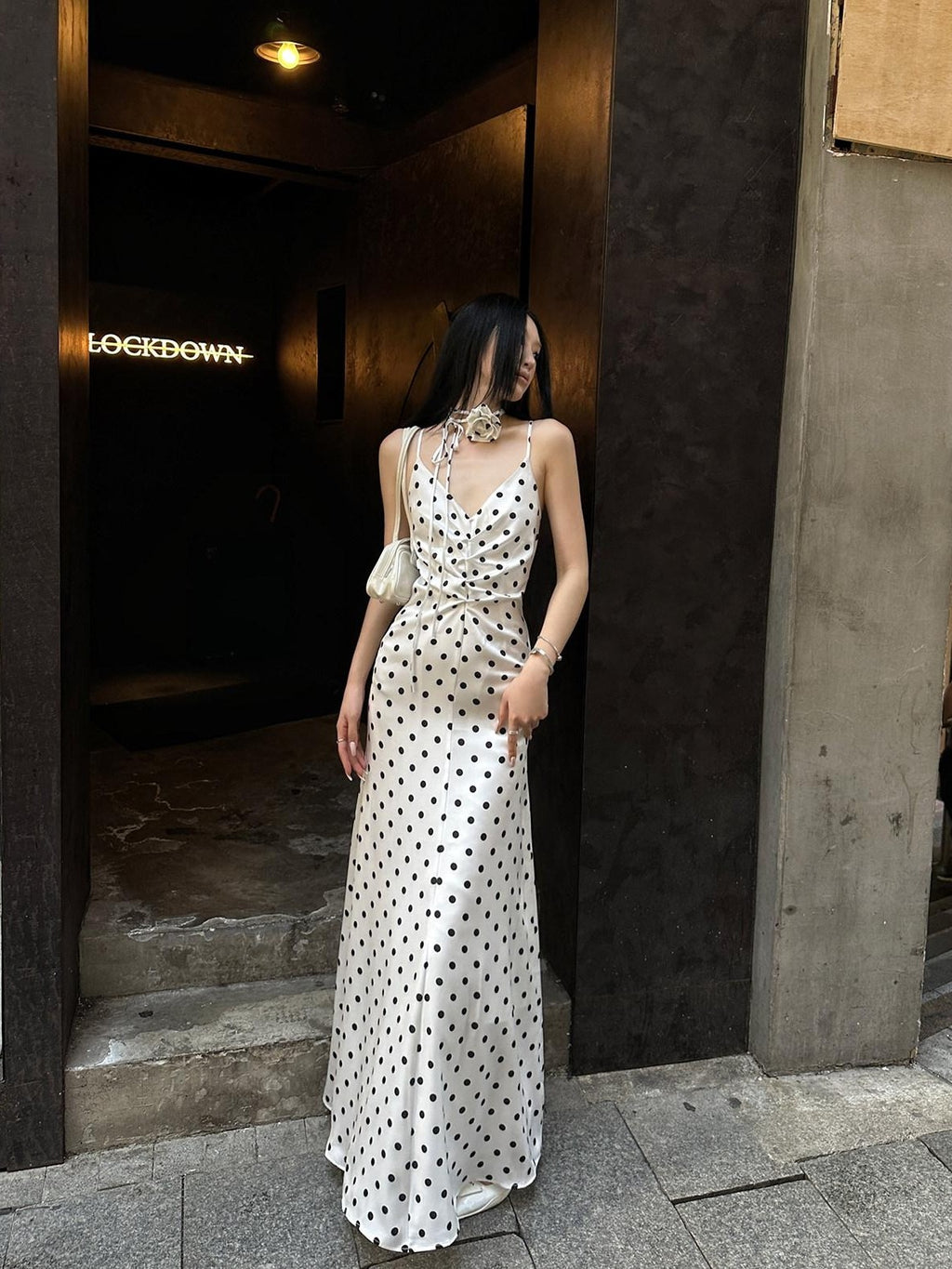 Fanptntox White Polka Dot V-neck Tie Spaghetti Strap High Waist Women's Slip Maxi Dresses