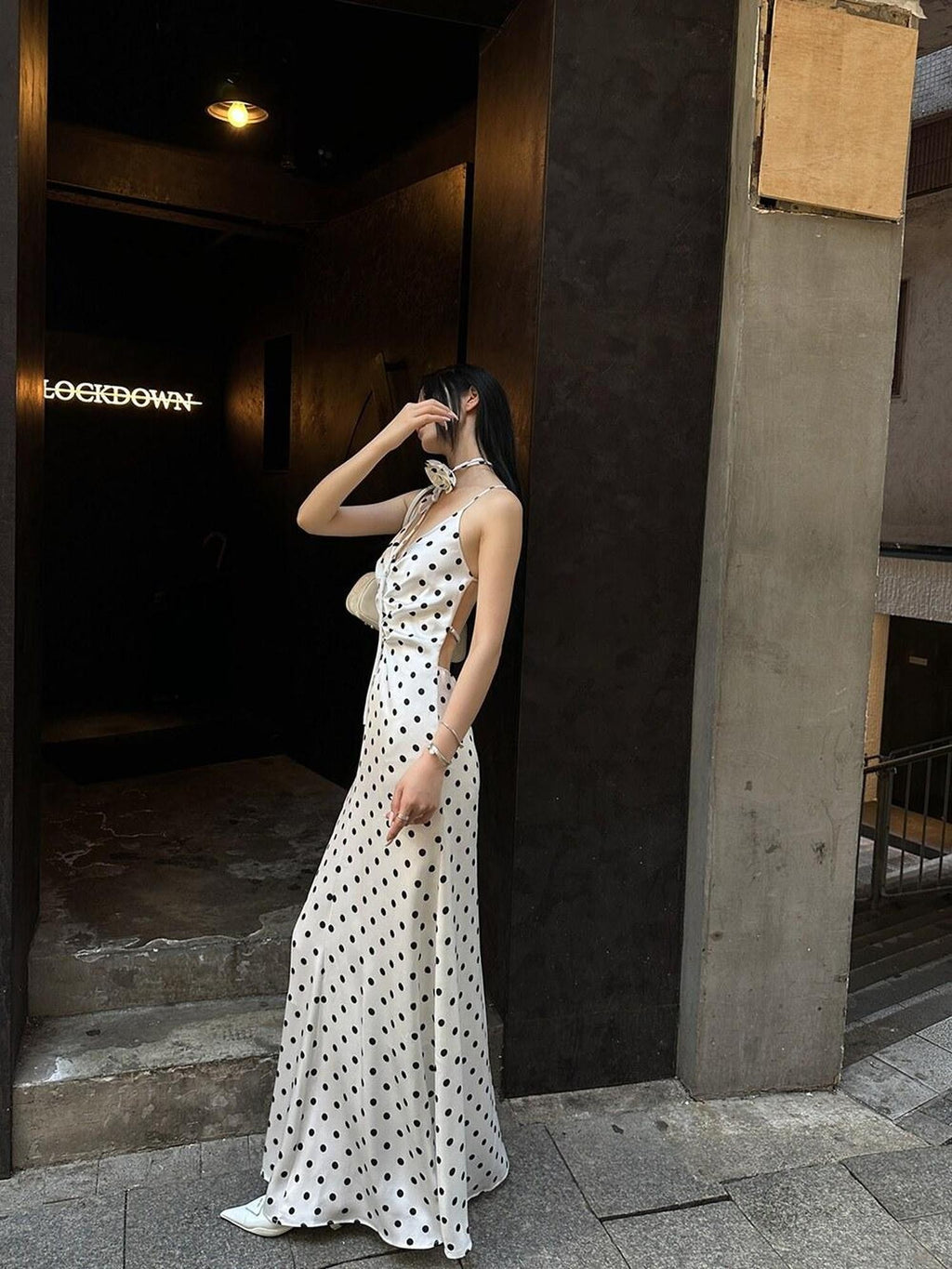 Fanptntox White Polka Dot V-neck Tie Spaghetti Strap High Waist Women's Slip Maxi Dresses