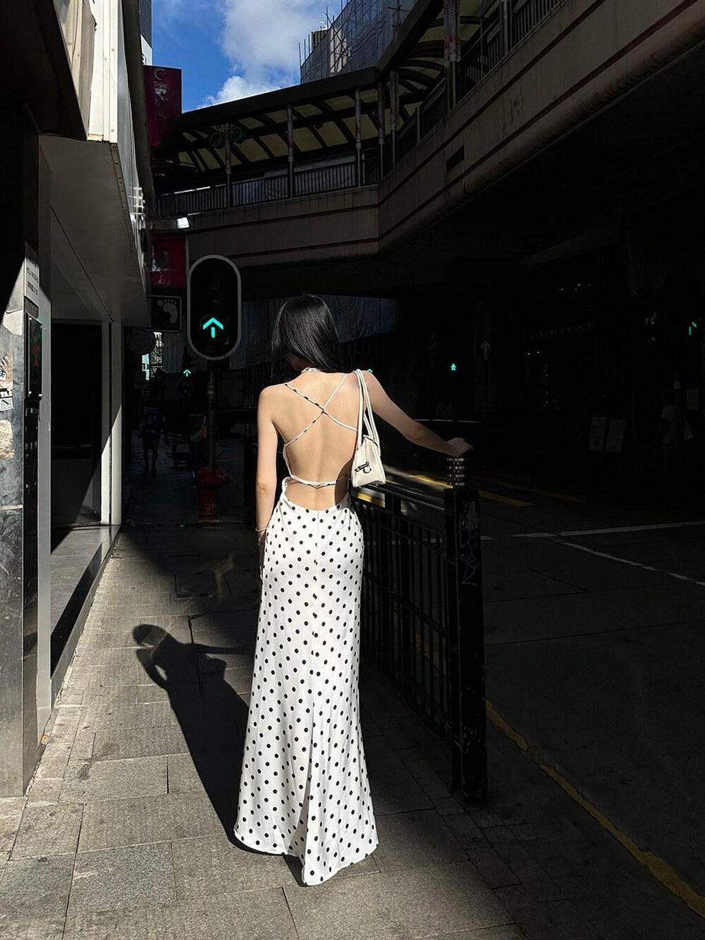 Fanptntox White Polka Dot V-neck Tie Spaghetti Strap High Waist Women's Slip Maxi Dresses