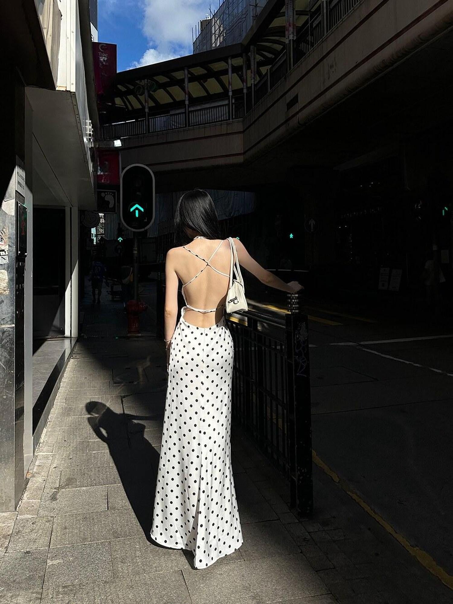 Fanptntox White Polka Dot V-neck Tie Spaghetti Strap High Waist Women's Slip Maxi Dresses