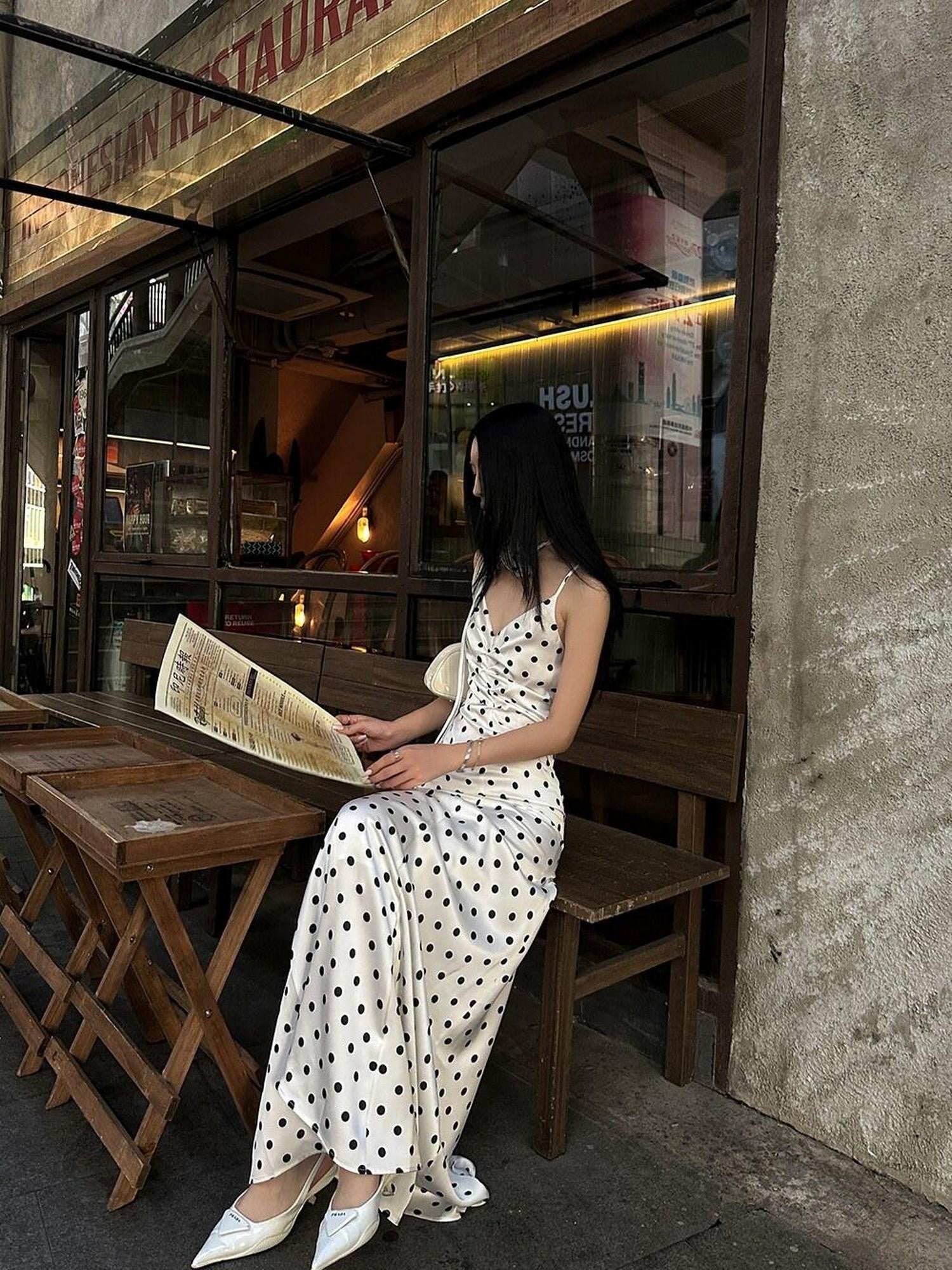 Fanptntox White Polka Dot V-neck Tie Spaghetti Strap High Waist Women's Slip Maxi Dresses