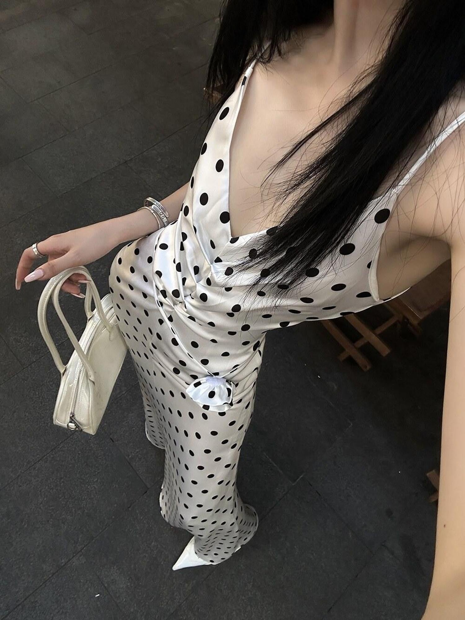 Fanptntox White Polka Dot V-neck Tie Spaghetti Strap High Waist Women's Slip Maxi Dresses