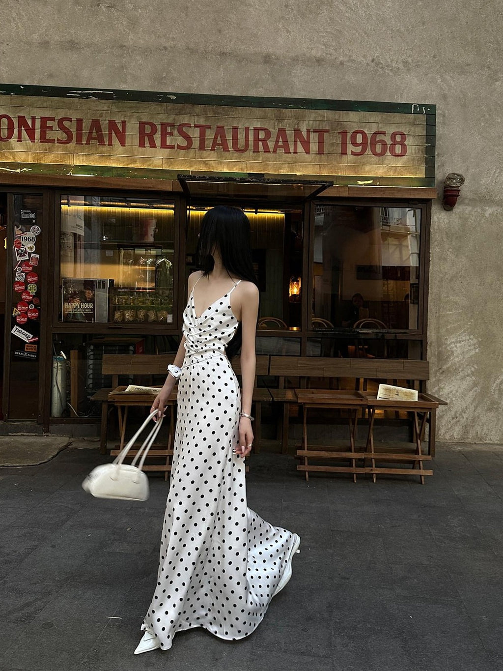 Fanptntox White Polka Dot V-neck Tie Spaghetti Strap High Waist Women's Slip Maxi Dresses