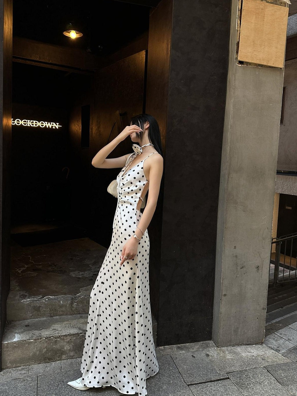 Fanptntox White Polka Dot V-neck Tie Spaghetti Strap High Waist Women's Slip Maxi Dresses