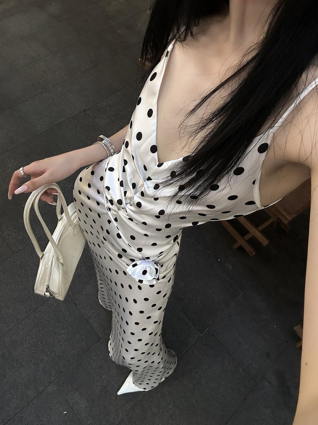 Fanptntox White Polka Dot V-neck Tie Spaghetti Strap High Waist Women's Slip Maxi Dresses