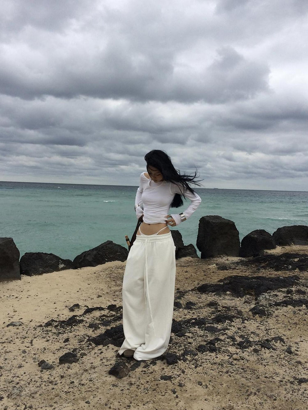 Fanptntox White Relaxed Wide Leg Low Rise Street Women's Other Fabric Sweatpants