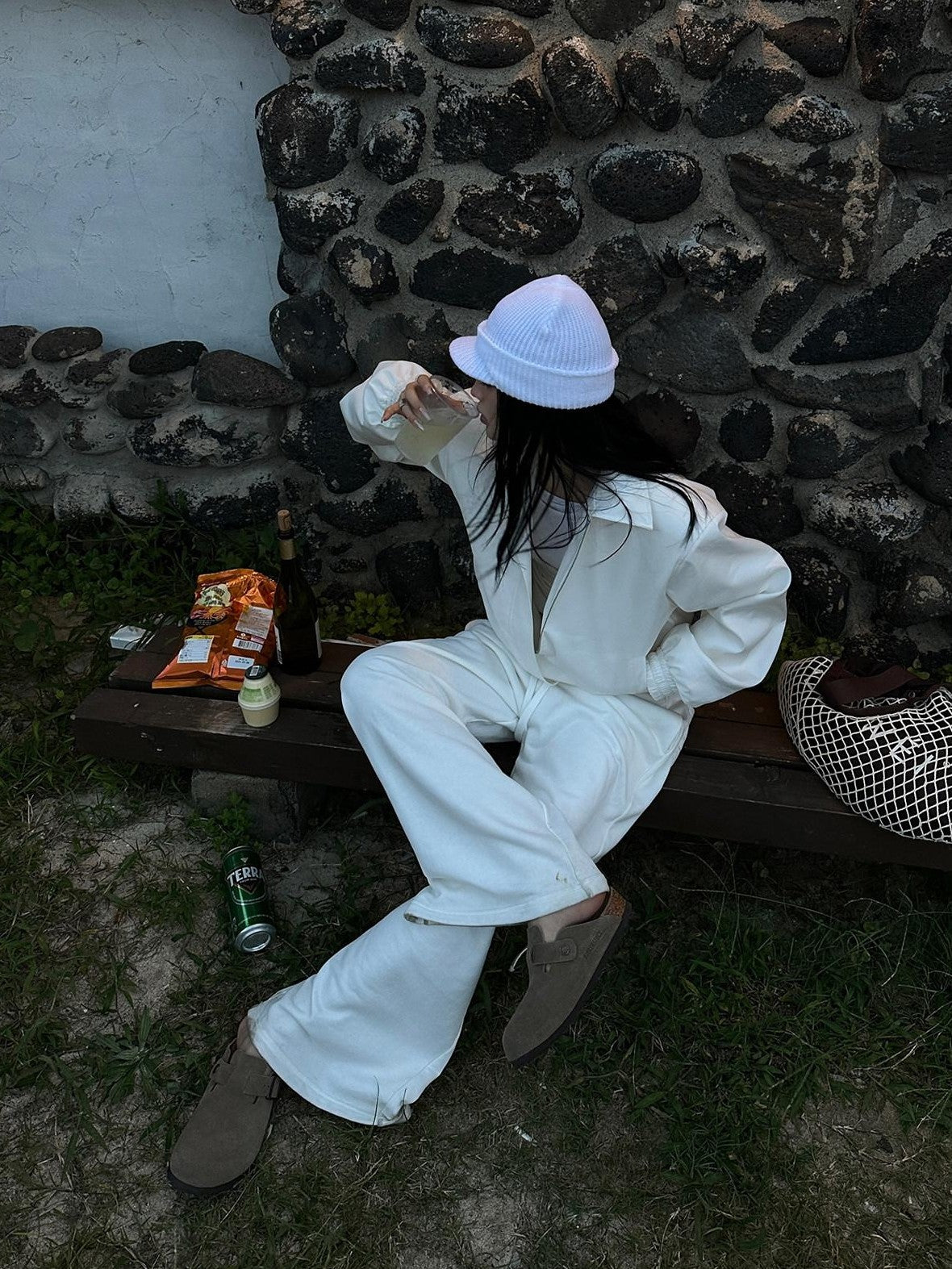 Fanptntox White Relaxed Wide Leg Low Rise Street Women's Other Fabric Sweatpants