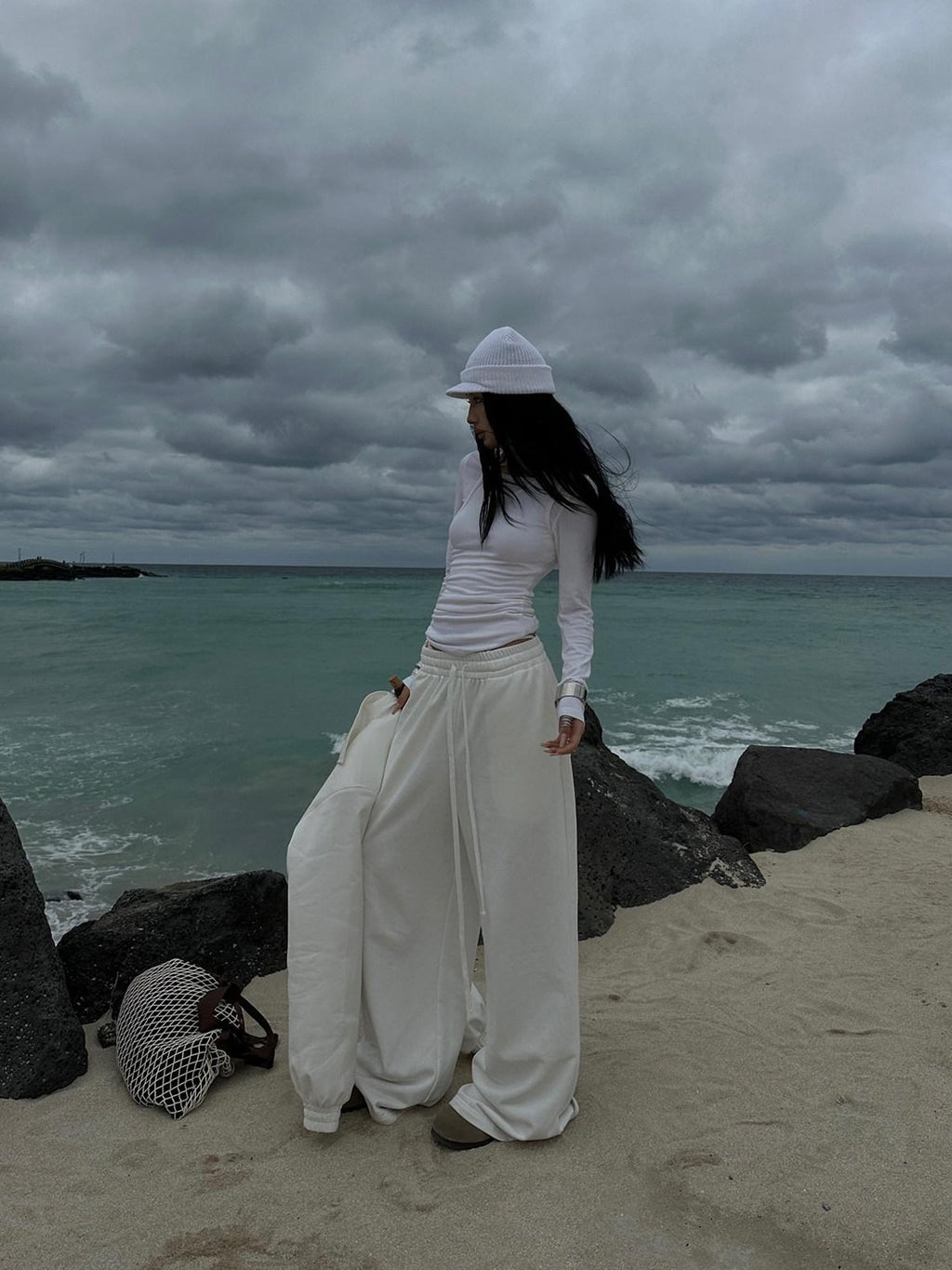 Fanptntox White Relaxed Wide Leg Low Rise Street Women's Other Fabric Sweatpants