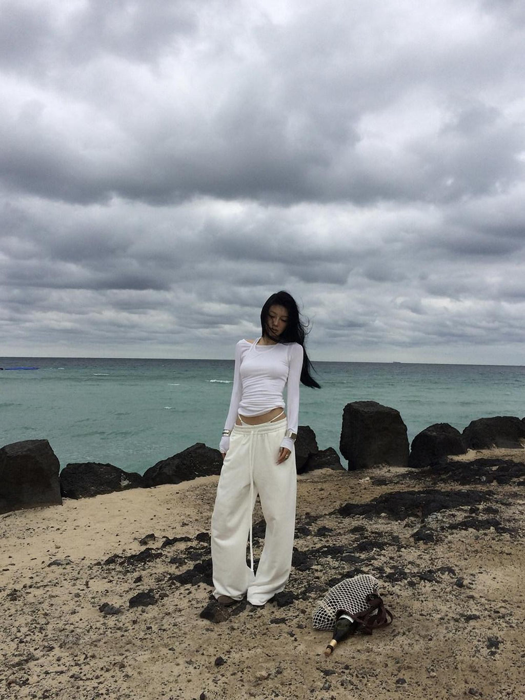 Fanptntox White Relaxed Wide Leg Low Rise Street Women's Other Fabric Sweatpants