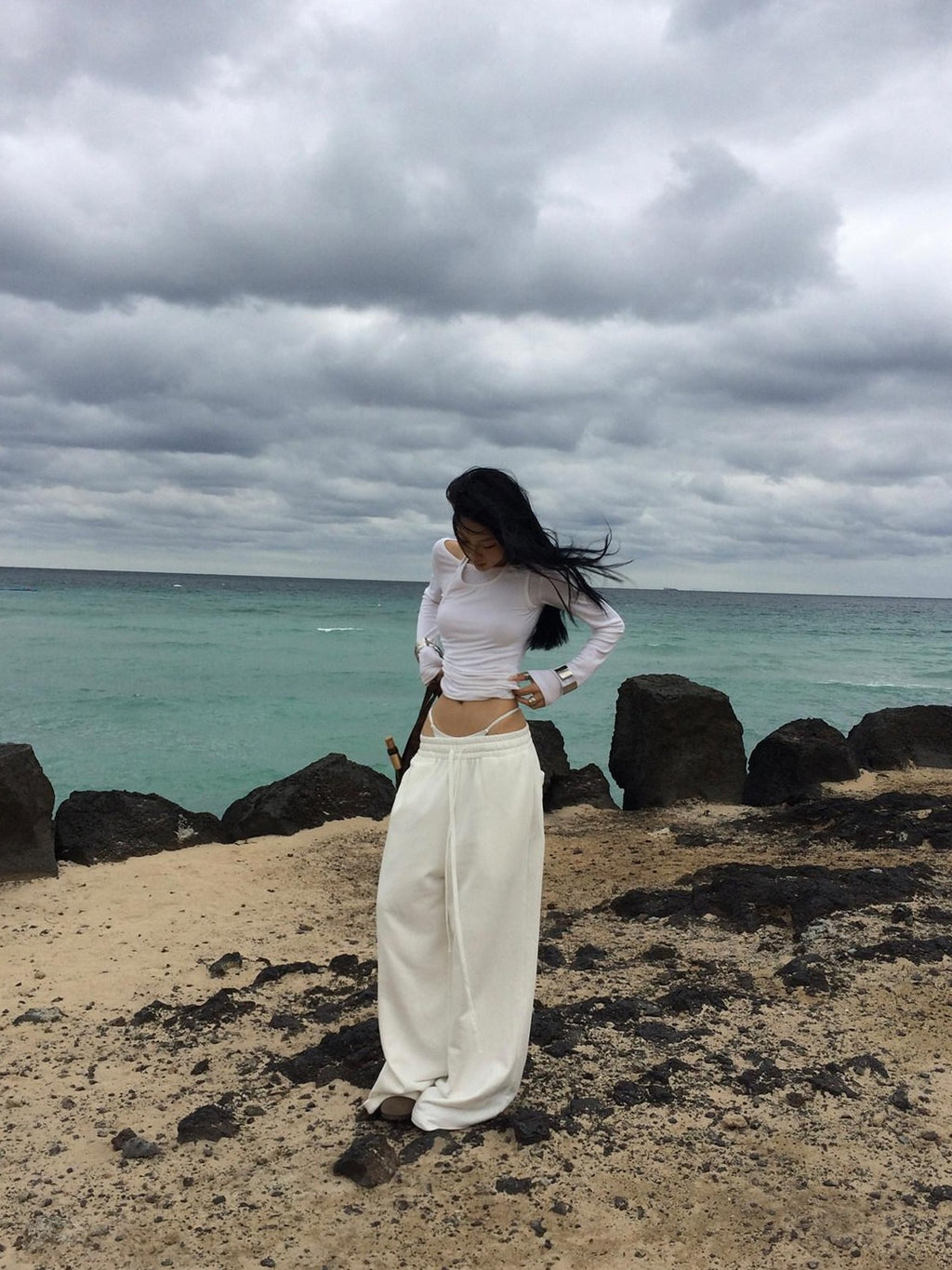 Fanptntox White Relaxed Wide Leg Low Rise Street Women's Other Fabric Sweatpants