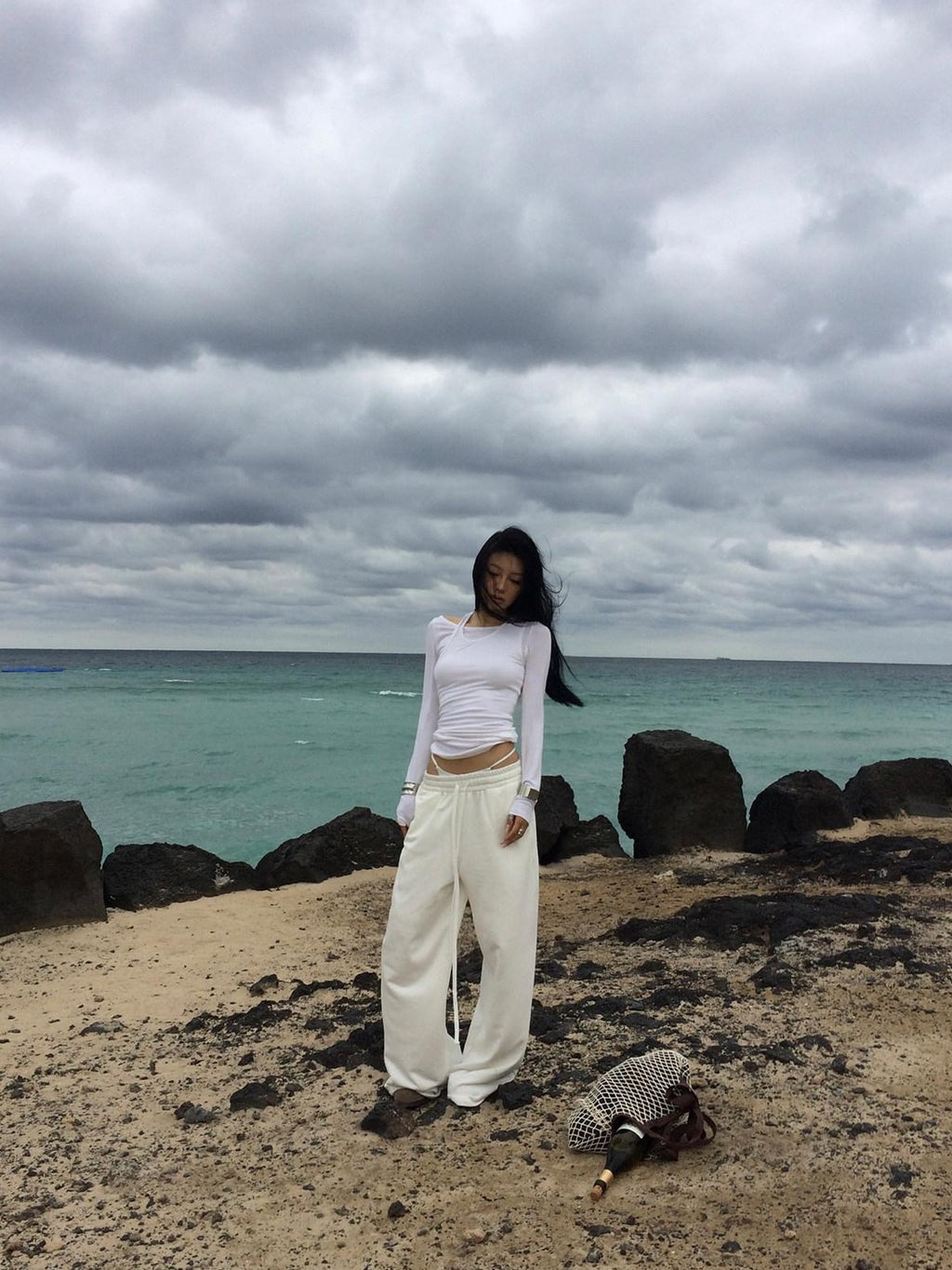 Fanptntox White Relaxed Wide Leg Low Rise Street Women's Other Fabric Sweatpants