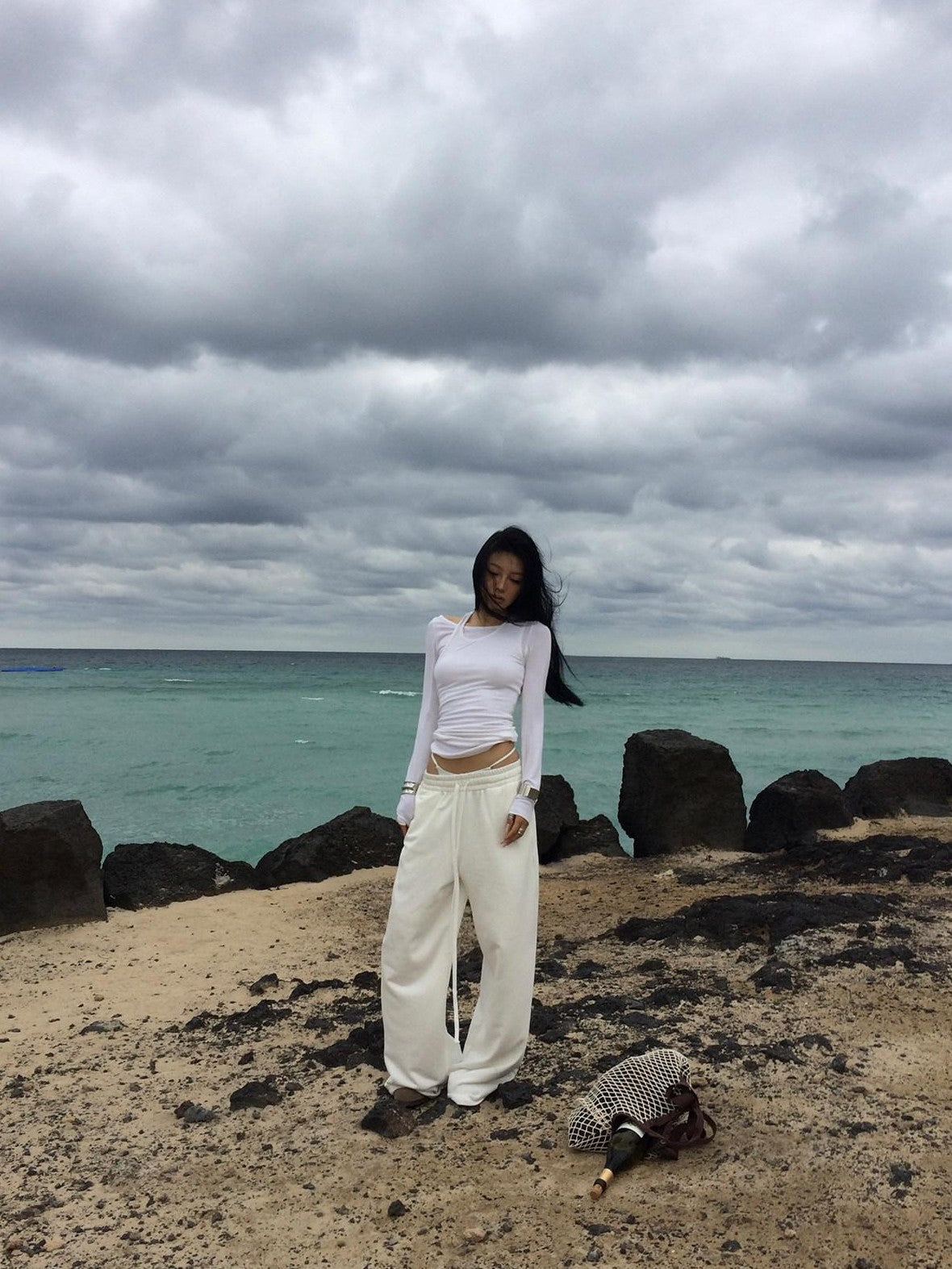 Fanptntox White Relaxed Wide Leg Low Rise Street Women's Other Fabric Sweatpants