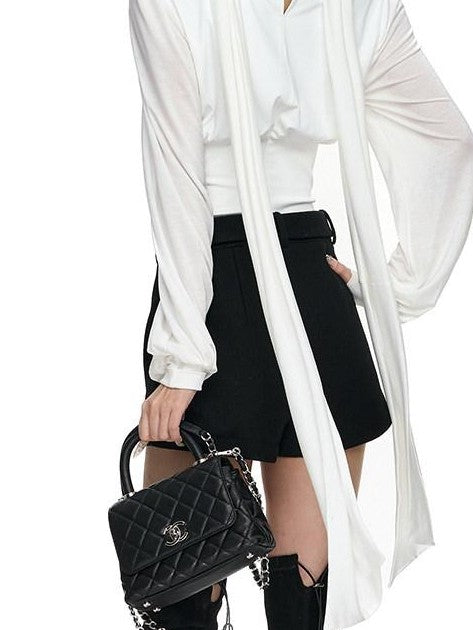 Fanptntox White Ribbon Tie Sheer Sleeves Knit Women's Lyocell Wool Long Sleeve T-shirts