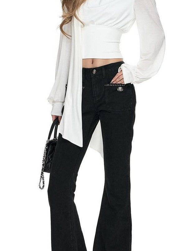 Fanptntox White Ribbon Tie Sheer Sleeves Knit Women's Lyocell Wool Long Sleeve T-shirts