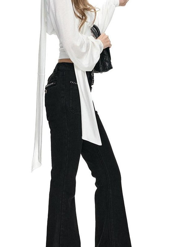 Fanptntox White Ribbon Tie Sheer Sleeves Knit Women's Lyocell Wool Long Sleeve T-shirts