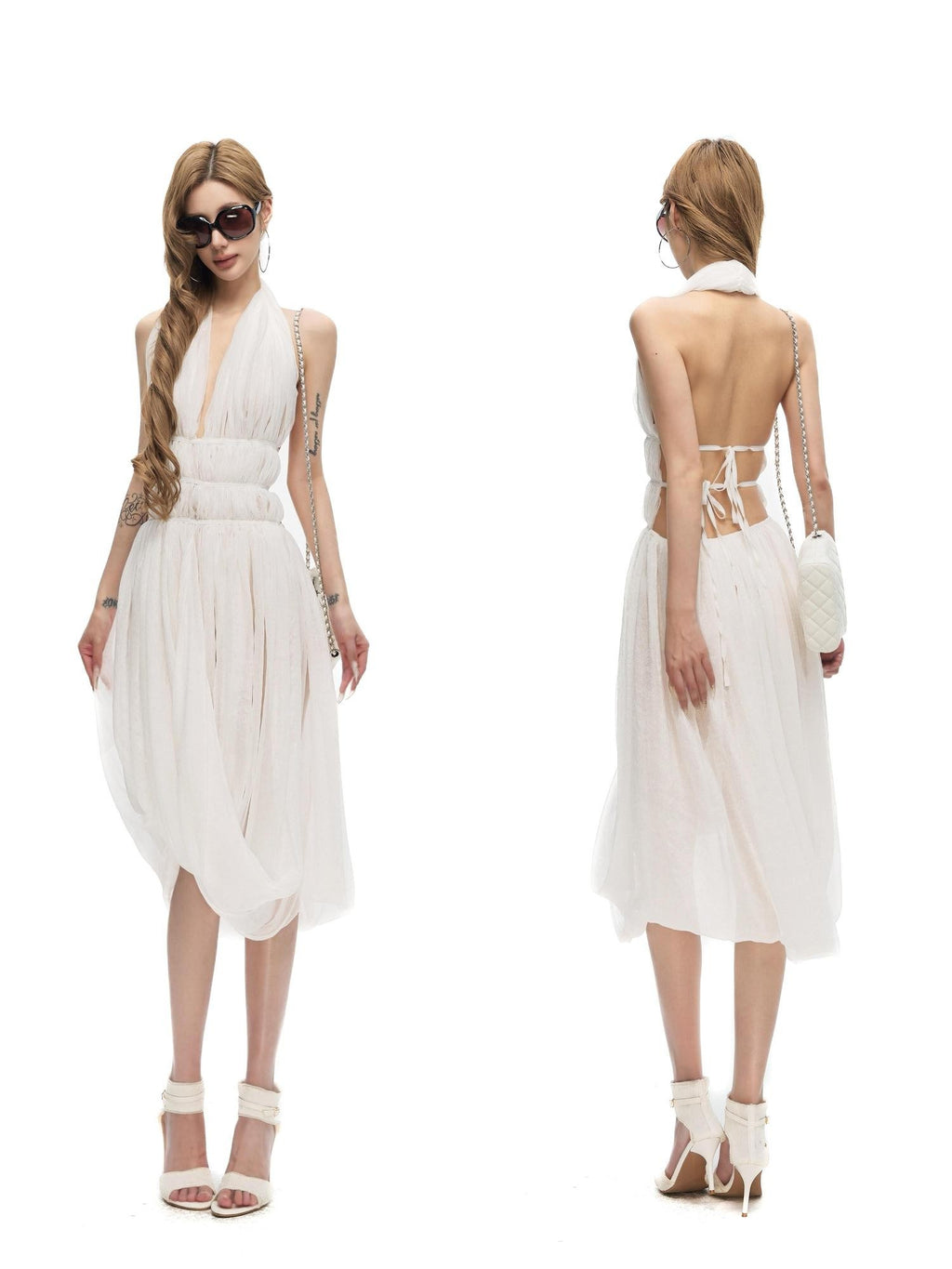 Fanptntox White Ruched V-neck Backless Sleeveless Women's Halter Midi Dresses