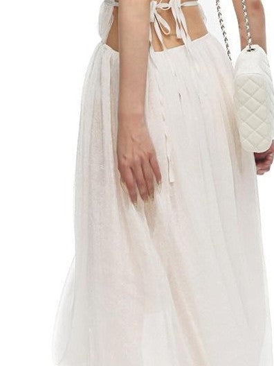 Fanptntox White Ruched V-neck Backless Sleeveless Women's Halter Midi Dresses