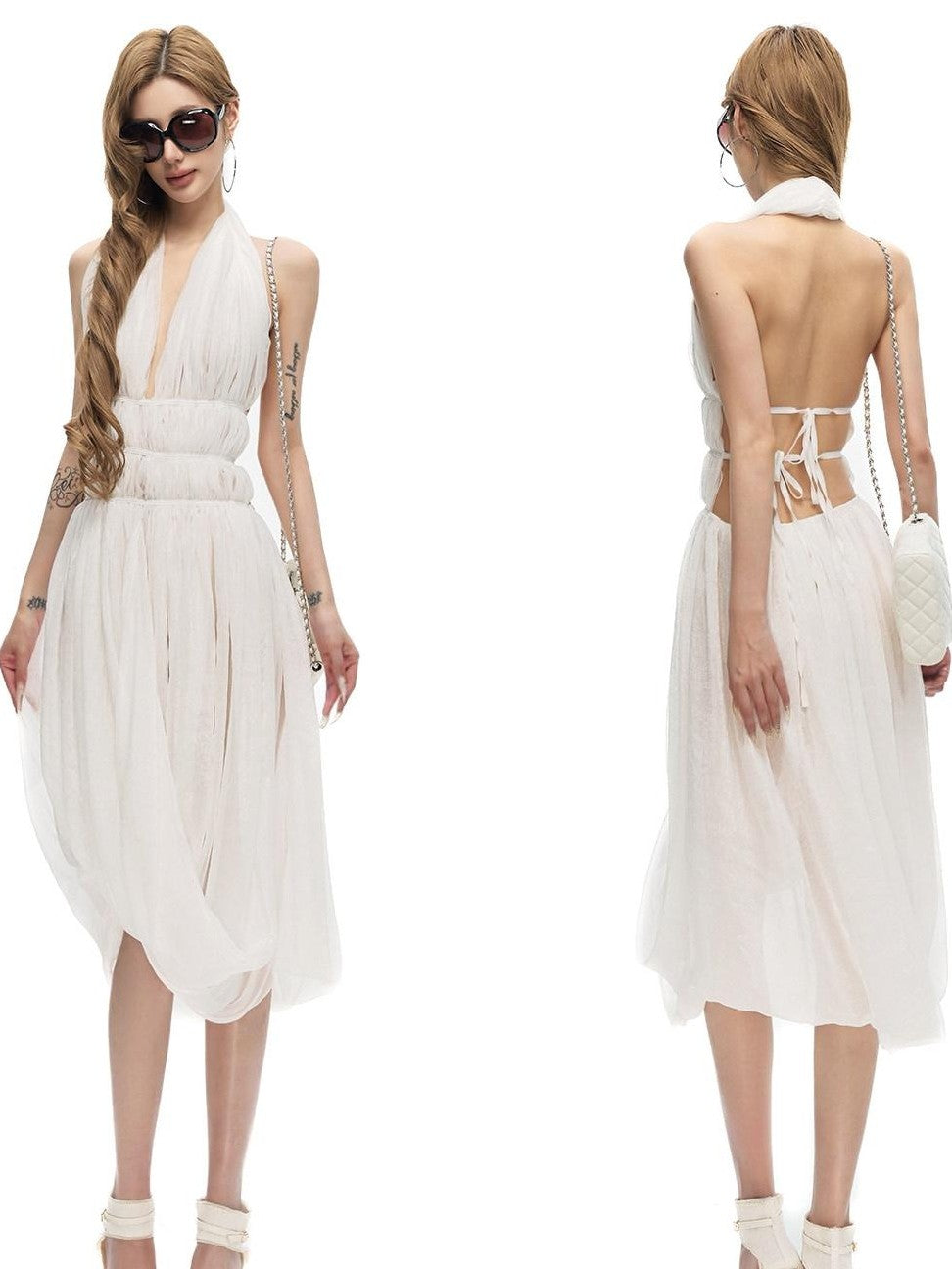 Fanptntox White Ruched V-neck Backless Sleeveless Women's Halter Midi Dresses