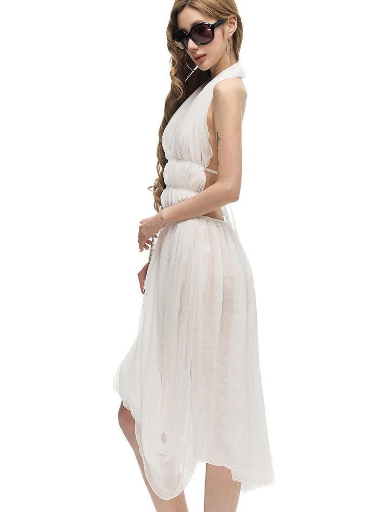 Fanptntox White Ruched V-neck Backless Sleeveless Women's Halter Midi Dresses