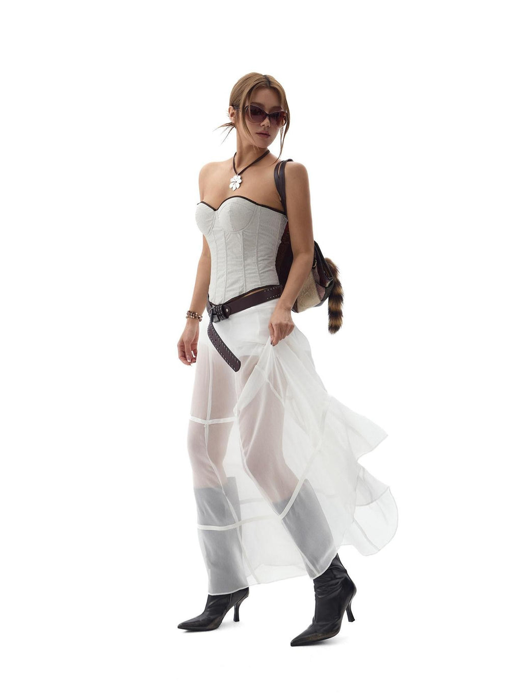 Fanptntox White Snake Print Layered Mesh Convertible Low Waist Women's Viscose Midi Skirts
