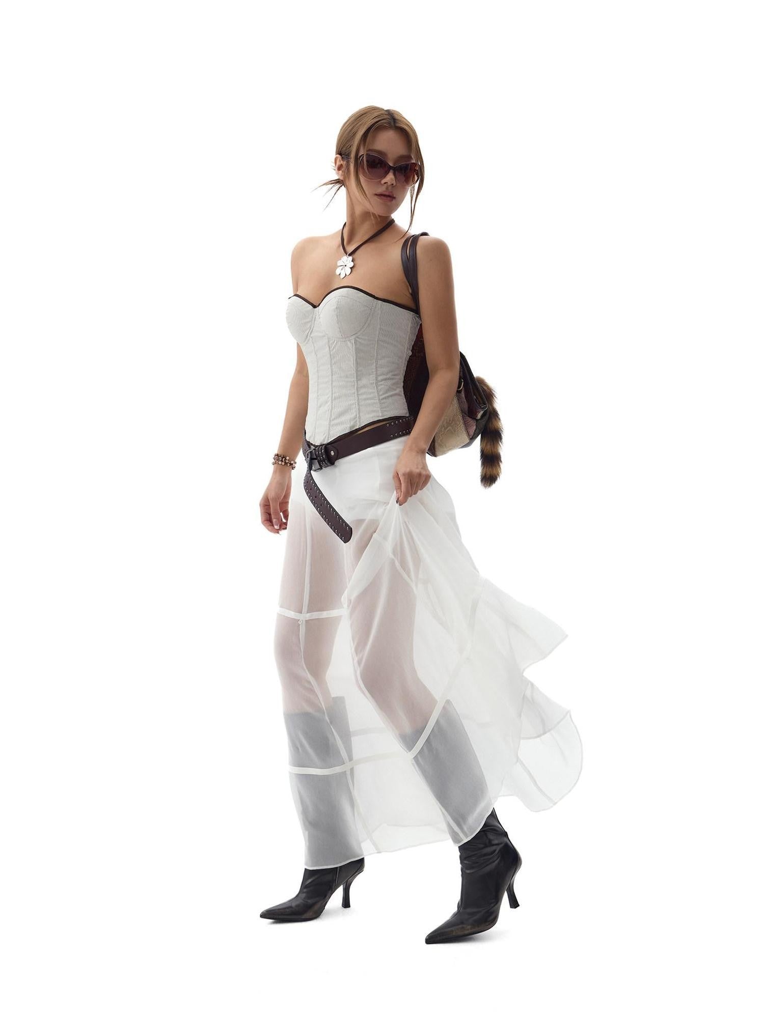Fanptntox White Snake Print Layered Mesh Convertible Low Waist Women's Viscose Midi Skirts