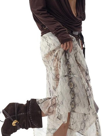 Fanptntox White Snake Print Layered Mesh Convertible Low Waist Women's Viscose Midi Skirts