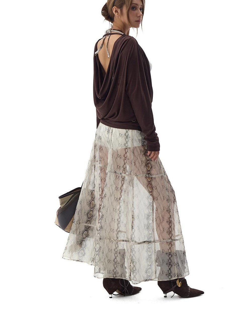 Fanptntox White Snake Print Layered Mesh Convertible Low Waist Women's Viscose Midi Skirts