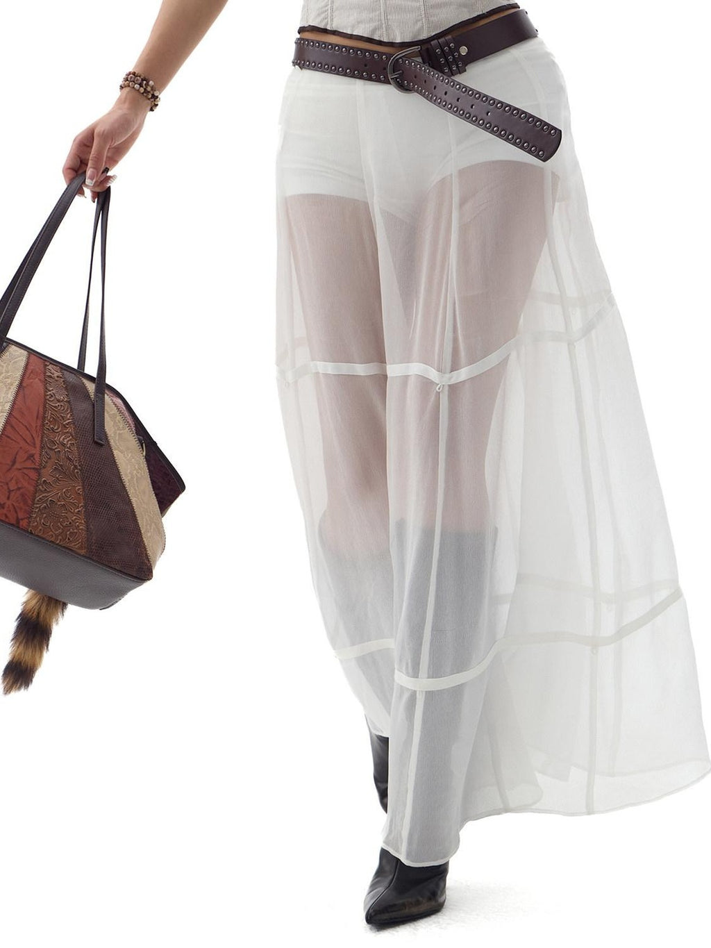 Fanptntox White Snake Print Layered Mesh Convertible Low Waist Women's Viscose Midi Skirts