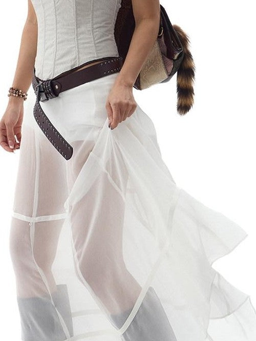 Fanptntox White Snake Print Layered Mesh Convertible Low Waist Women's Viscose Midi Skirts