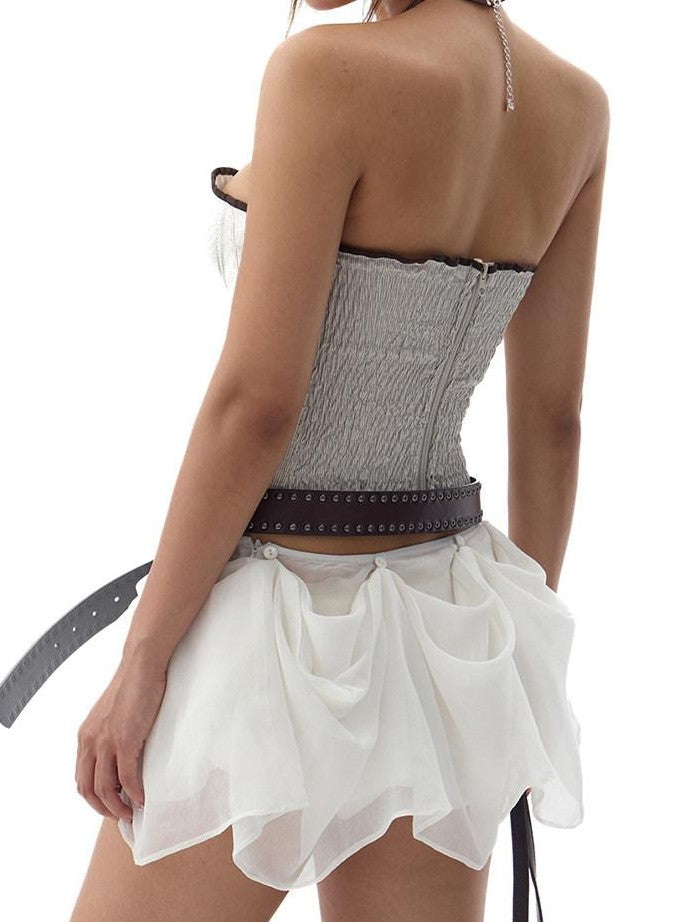Fanptntox White Snake Print Layered Mesh Convertible Low Waist Women's Viscose Midi Skirts
