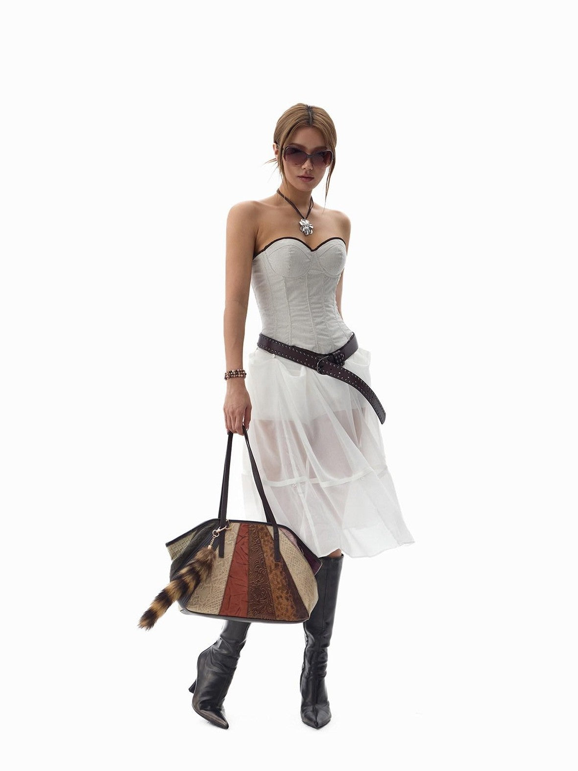 Fanptntox White Snake Print Layered Mesh Convertible Low Waist Women's Viscose Midi Skirts