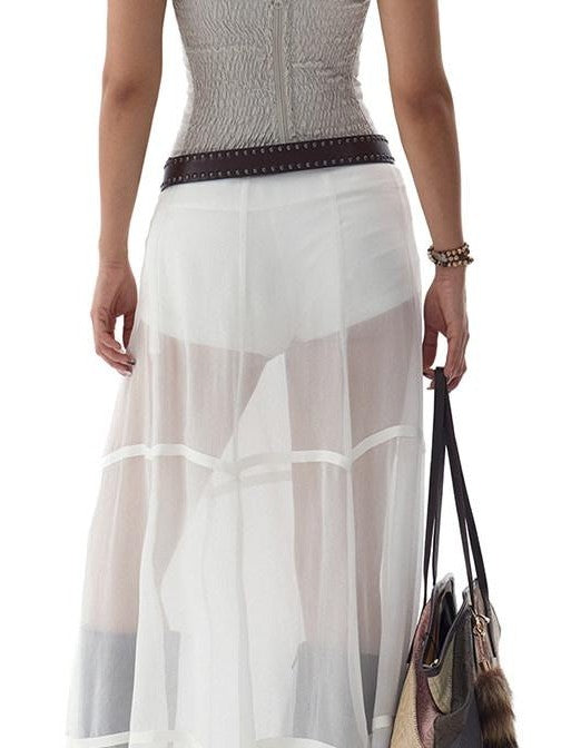 Fanptntox White Snake Print Layered Mesh Convertible Low Waist Women's Viscose Midi Skirts