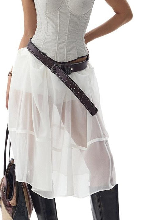 Fanptntox White Snake Print Layered Mesh Convertible Low Waist Women's Viscose Midi Skirts