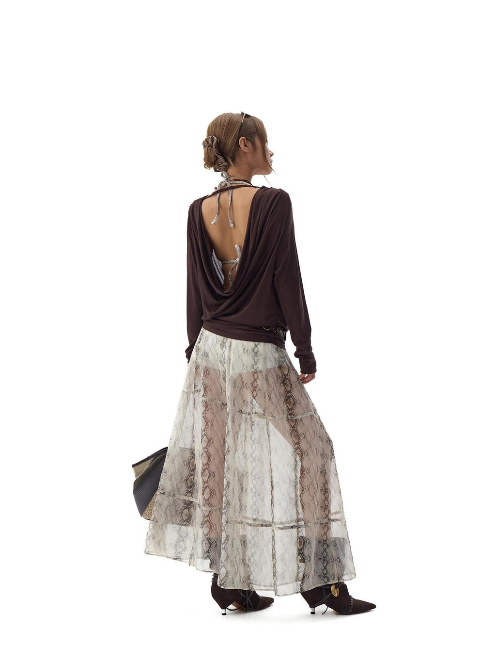 Fanptntox White Snake Print Layered Mesh Convertible Low Waist Women's Viscose Midi Skirts