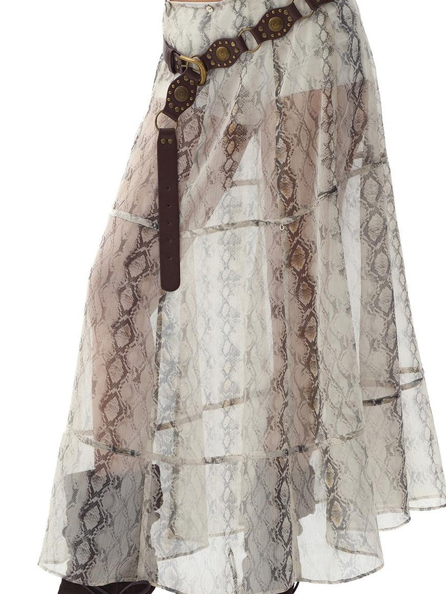 Fanptntox White Snake Print Layered Mesh Convertible Low Waist Women's Viscose Midi Skirts