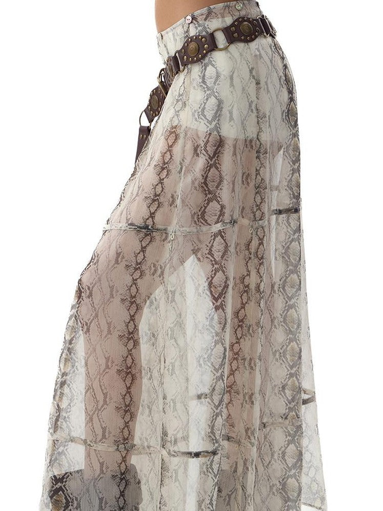 Fanptntox White Snake Print Layered Mesh Convertible Low Waist Women's Viscose Midi Skirts