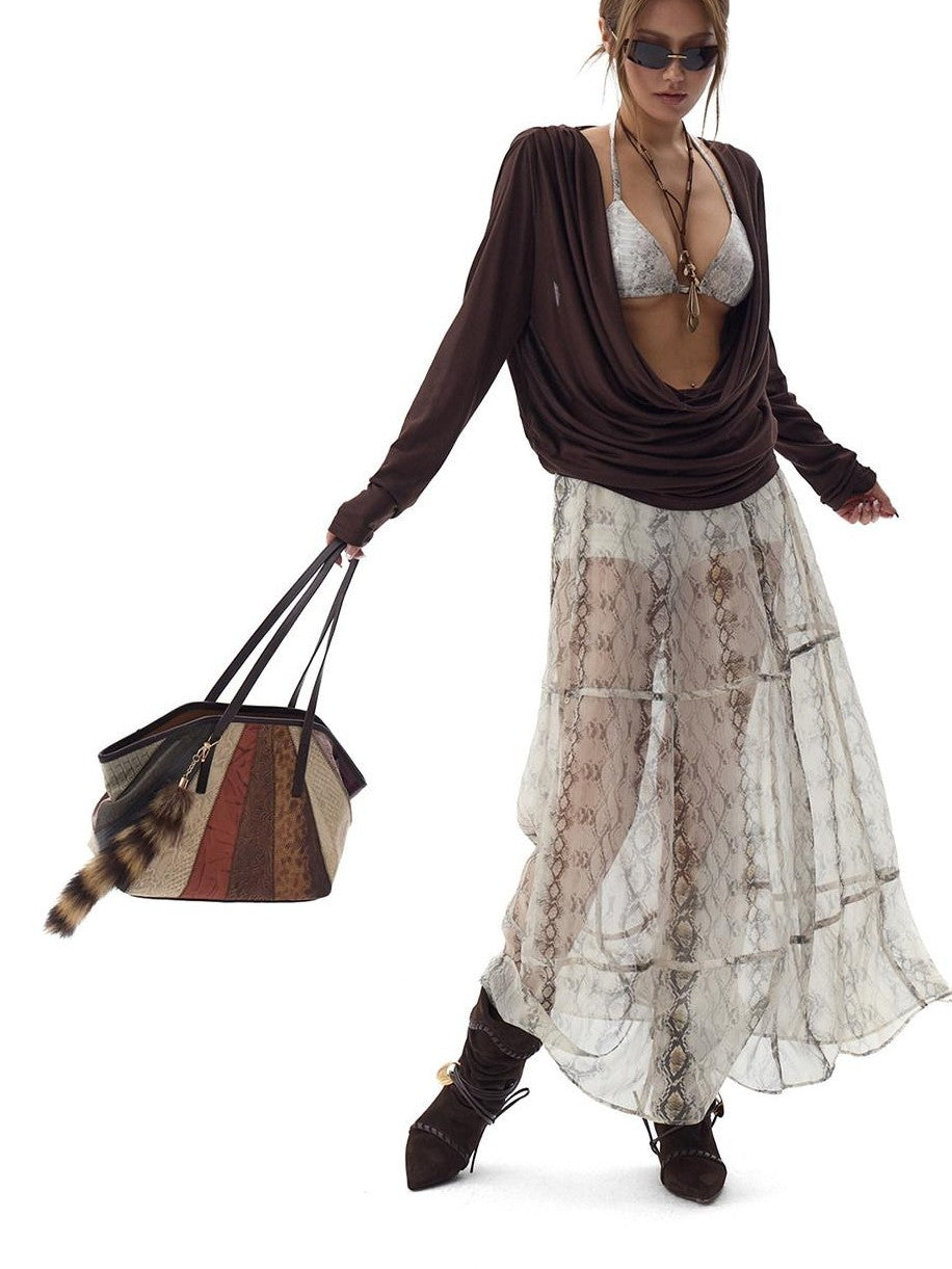Fanptntox White Snake Print Layered Mesh Convertible Low Waist Women's Viscose Midi Skirts