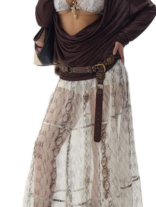 Fanptntox White Snake Print Layered Mesh Convertible Low Waist Women's Viscose Midi Skirts