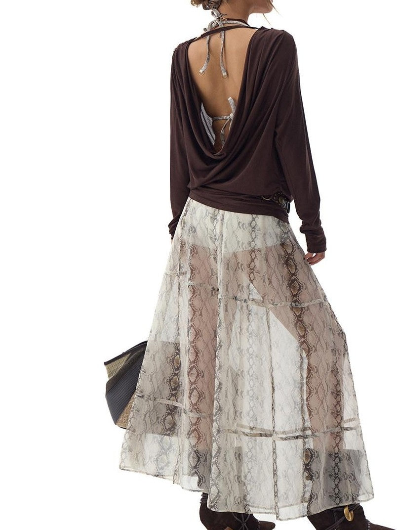 Fanptntox White Snake Print Layered Mesh Convertible Low Waist Women's Viscose Midi Skirts