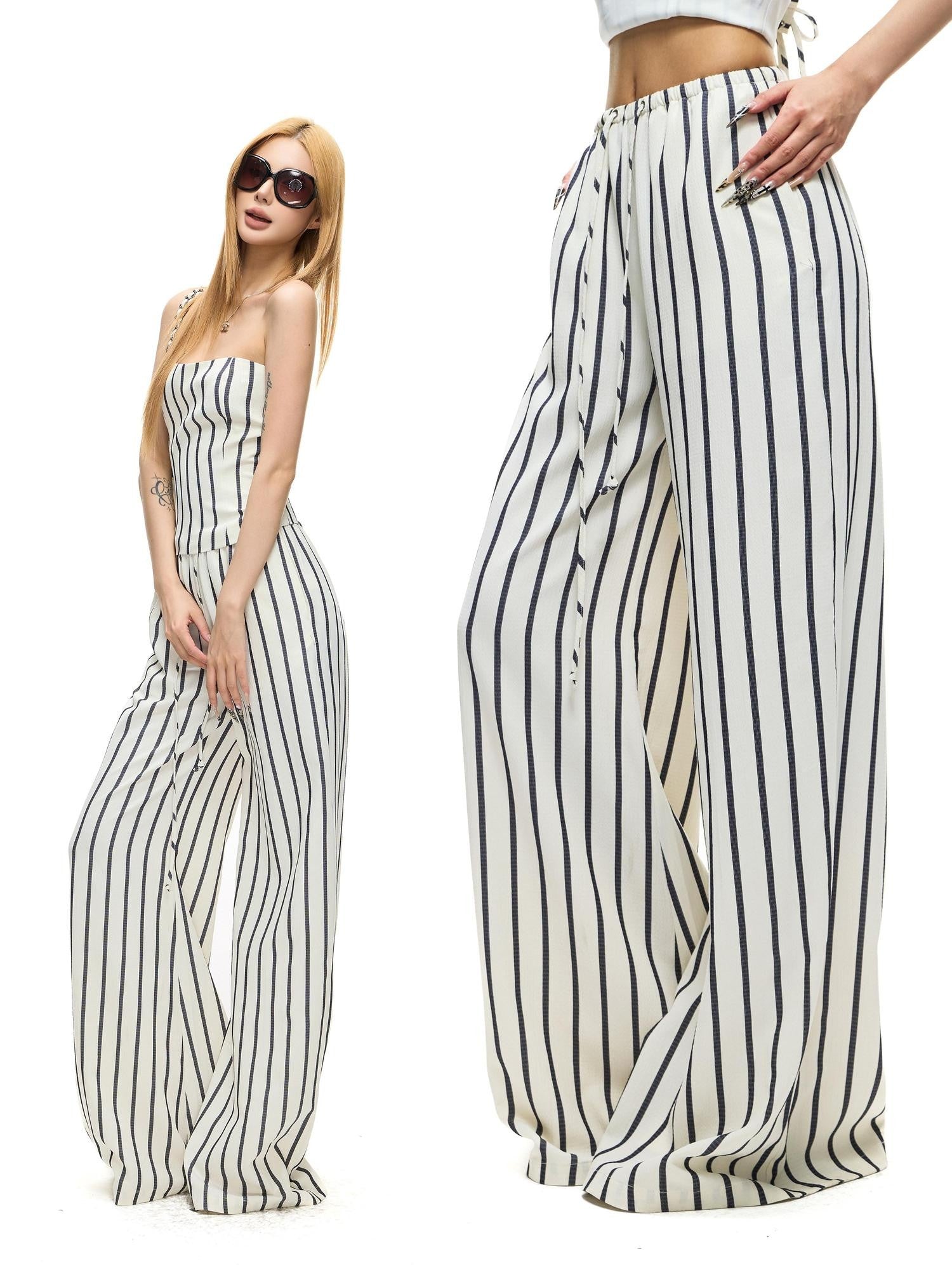 Fanptntox White Striped Bandeau High Waist Straight Wide Women's Casual Top & Pants Sets