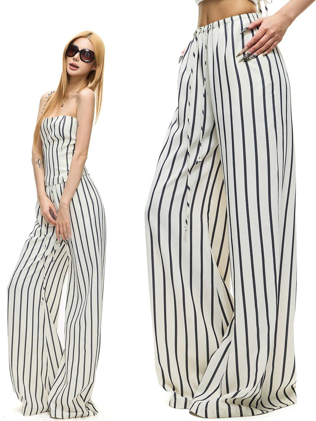 Fanptntox White Striped Bandeau High Waist Straight Wide Women's Casual Top & Pants Sets